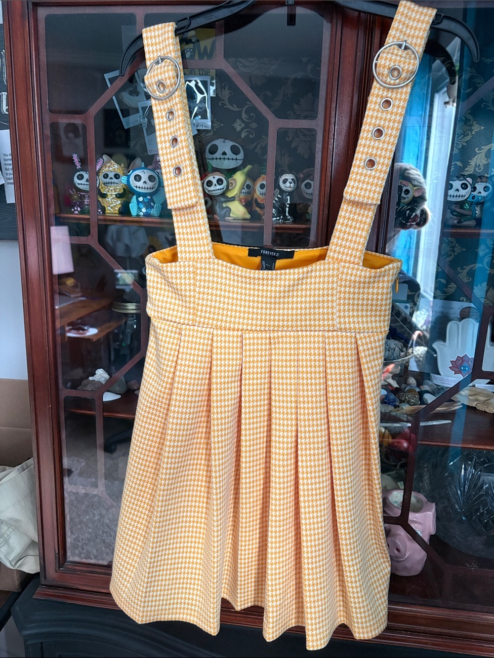 Forever 21 Yellow Houndstooth Pinafore Dress with Buckle Straps